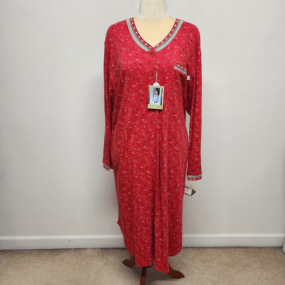 Karen Neuburger Nightgown Size 1X Red Star Moon Long Sleeve Cotton Blend Sleep